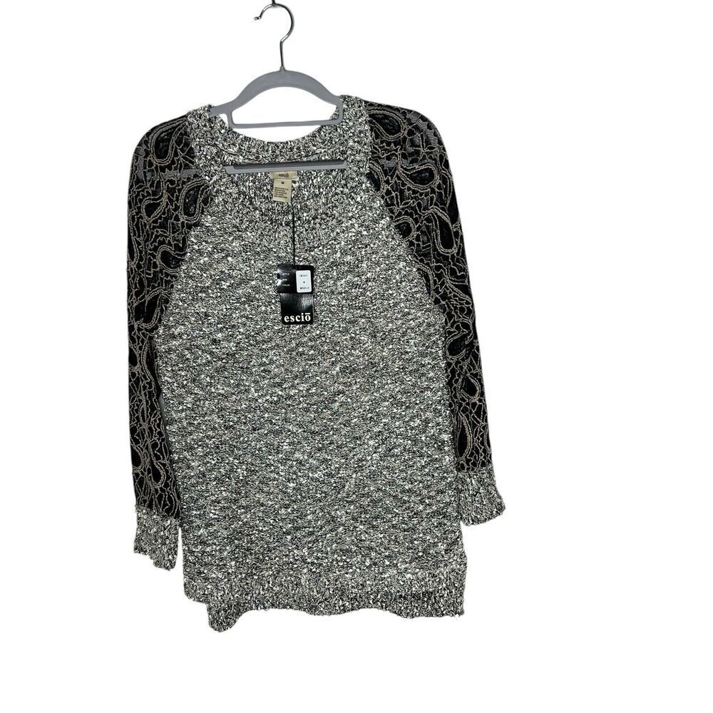 Escio Metallic Knit Sweater Womens Medium Black Silver Lace‎ Sleeve Pullover NWT